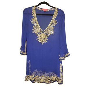 Monsoon Royal Blue & Gold Embroidered Silk Cover up Tunic Dress Size 8 M Resort